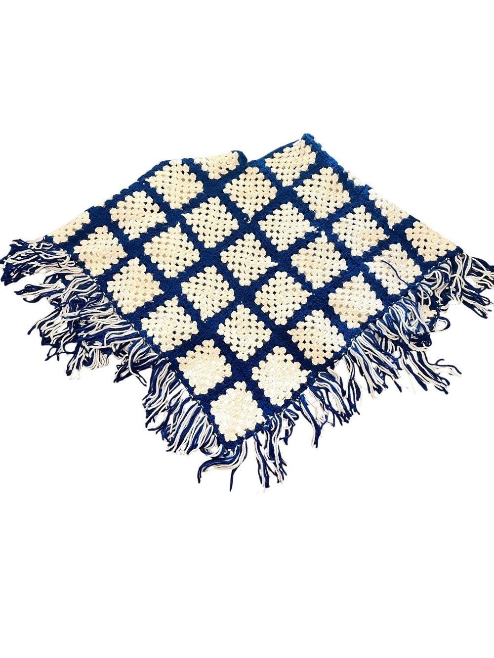 Blue and cream crochet fringe vintage poncho